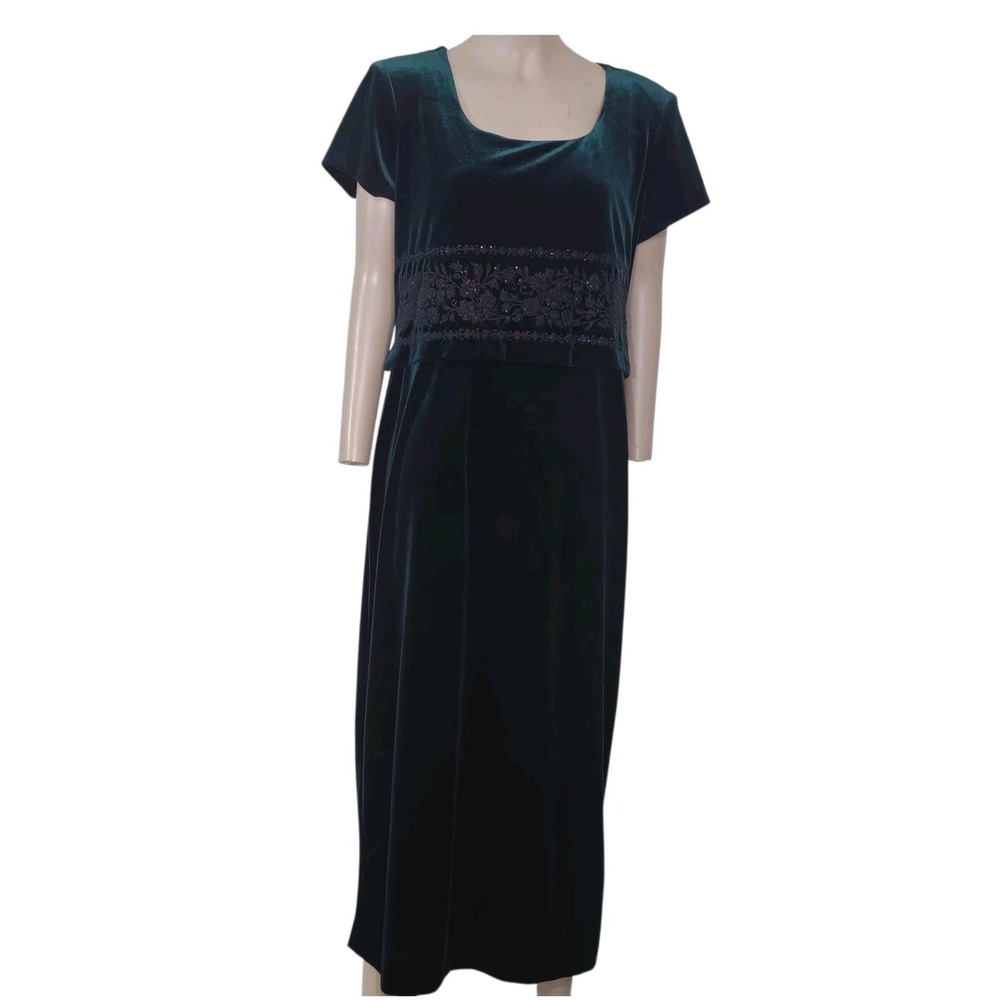 Piccalino Petites Green Velvet Maxi Dress Beaded Floral 90s Vintage Formal 14P